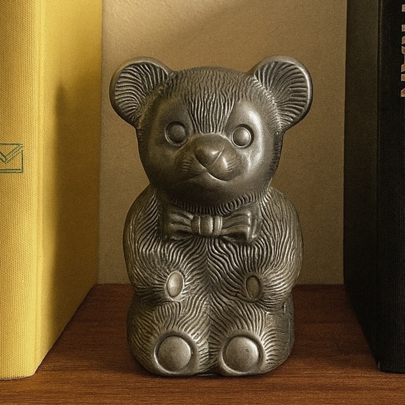 Vintage piggy bank pewter Teddy Bear Coin Bank with Bow Tie  – Nursery Baby Gift - Picture 1 of 6